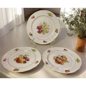 JWK Bavaria Salad Or Dessert Plates Fruit Motif Gold Rim West Germany Set Of 3